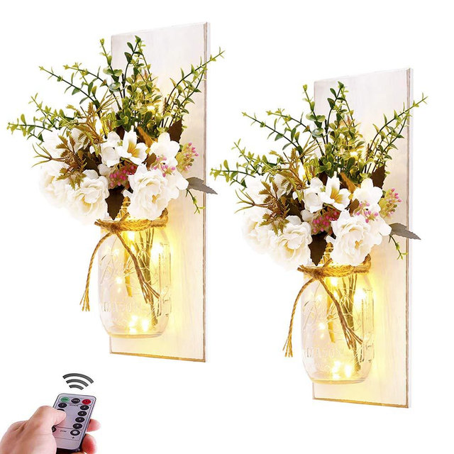 Rustic Wall Sconces Mason Jar Sconces Handmade Wall Art Hanging Design with Remote Control LED Fairy Lights and White Peony,Farmhouse Kitchen Decorations Wall Decor Living Room Vase Lights Set of Two