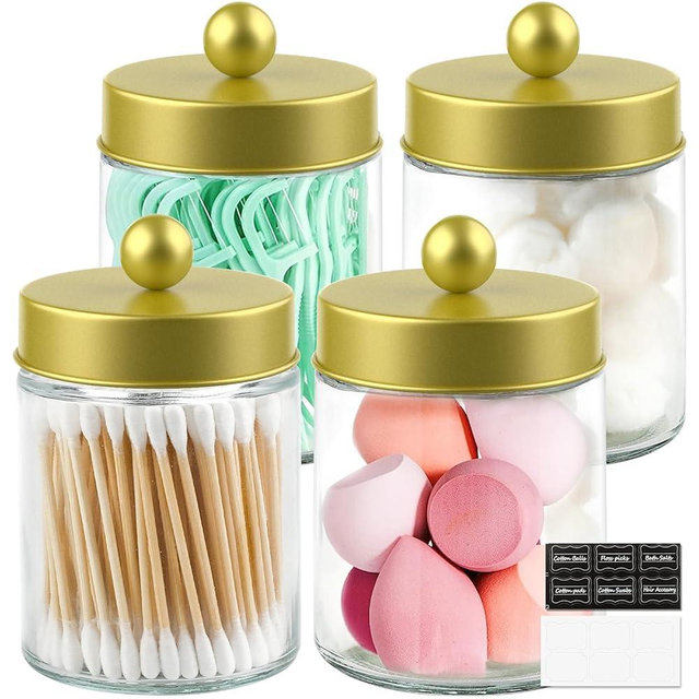 Goramio 4 Pack Glass Apothecary Jars with Lids - Cute Qtip Holder, Gold Bathroom Accessories Set, Small Canisters for Q-tips, Cotton Swabs, Gold Bathroom Decor