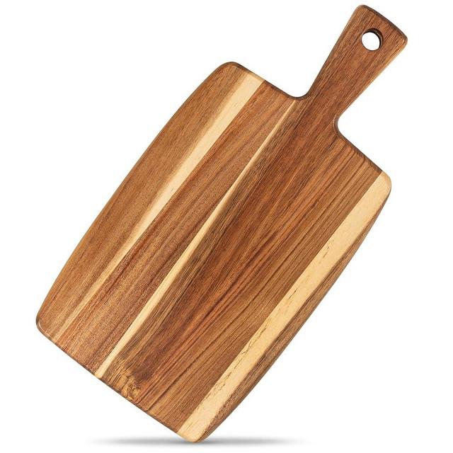 Acacia Wood Rectangle Cutting Board and Chopping Board with Handle for Meat, Cheese Board, Vegetables, Bread, and Charcuterie - Wooden Serving Board for Kitchen and Dining Room, Large 16” x 8”