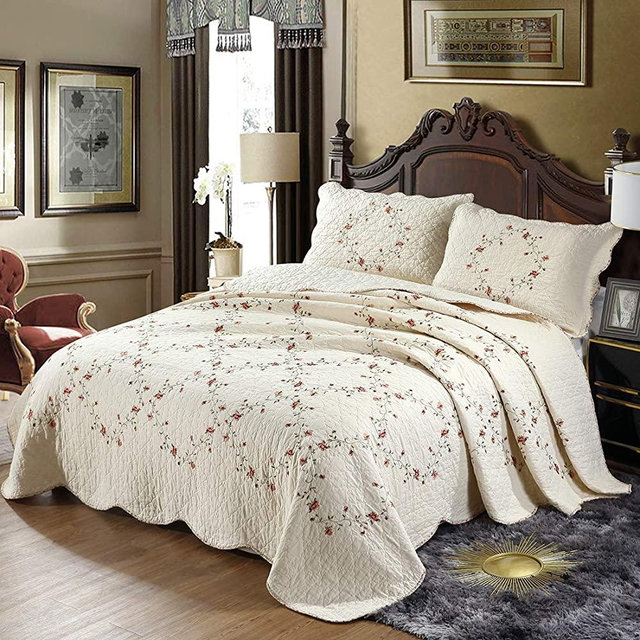 vctops 3-Piece Elegant Floral Embroidered Bedspread Coverlet Set King Size 100% Cotton Reversible Patchwork 1 Quilt and 2 Pillow Shams (Flower,King)