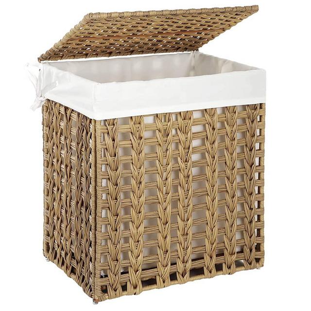 SONGMICS Handwoven Laundry Hamper, Rattan-Style Laundry Basket with Removable Liner Bag, Lid, Metal Frame, 17.9 x 12.6 x 20.3 Inches, for Living Room, Bathroom, Natural ULCB050N01