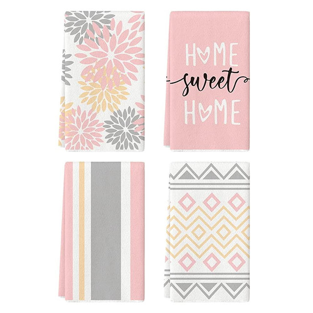 Artoid Mode Pink Stripes Home Sweet Home Boho Spring Kitchen Towels Dish Towels, 18x26 Inch Wedding Decoration Hand Towels Set of 4
