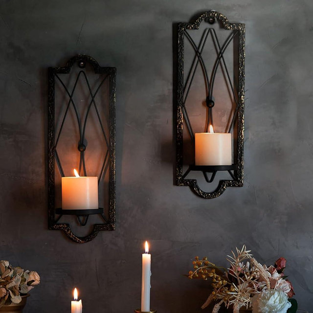 Candle Sconce(Set of 2),Metal Wall Decorations,Rustic Home Decor,Wall Candle Sconces,Gold Black Wall Sconces