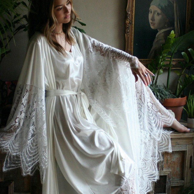 Bridal Satin And Lace Robe Wedding Sleepwear Bridal Robe Lingerie Wedding Lingerie Lace Sleepwear Honeymoon Kimono Lingerie