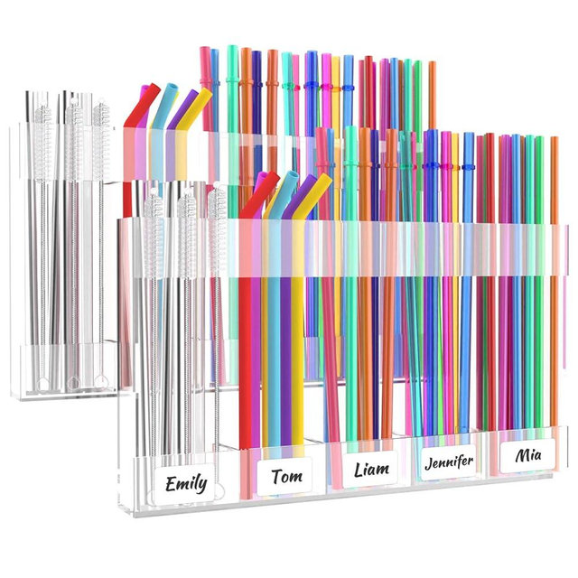 Rycid 2 Pack 9.6” Large Acrylic Straw Holder for Cabinet Door with Detachable Ultra Sticky Adhesive Squares and Stickers, 2026 Reusable Straws Organizer Storage Dispenser for Kitchen Counter Cupboard