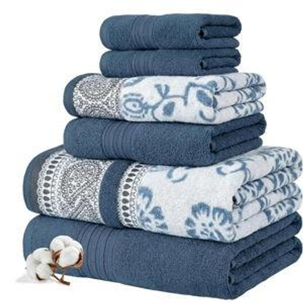 Modern Threads Floral Trail 6-Piece 100% Cotton Towel Set – Reversible Yarn Dyed Jacquard - Includes 2 Bath Towels, 2 Hand Towels, 2 Washcloths – Absorbent, Quick Dry, Soft & Durable – Navy