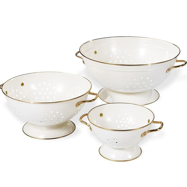 Metal Colander - Set of 3 - cream w/ gold accent