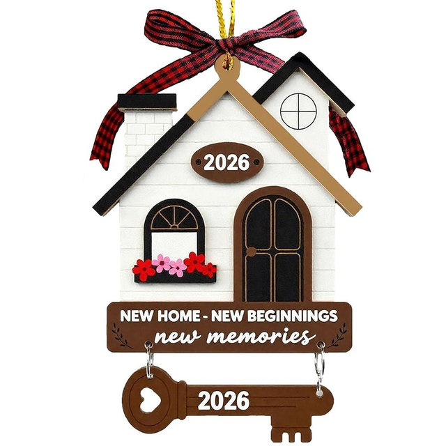 New Home Housewarming Gifts 2026 - Rustic Wood House Ornament with Key Charm & Buffalo Plaid Bow - 3.9" Closing Gift, Present for Homeowners Moving in Decor