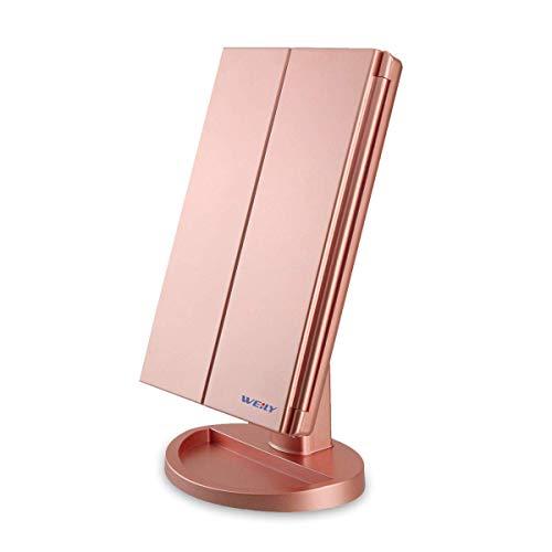 WEILY Lighted Makeup Mirror, Tri-fold Vanity Mirror with 1X/2X/3X Magnification Mirrors, 21 Natural LED Nights and Touch Screen, Chargeable Travel Cosmetic Mirror for Desktop (Rose Gold)