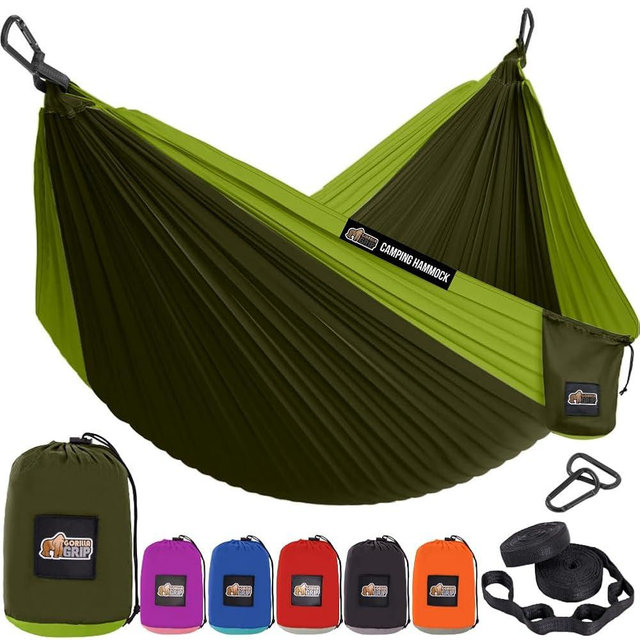GORILLA GRIP Durable Camping Hammock with Heavy Duty Tree Straps, Portable Hammocks for Outside, Easy to Use Travel Swing Chair, Outdoor Camper Hiker Essentials, Backpacking Gear Gifts, Single, Green