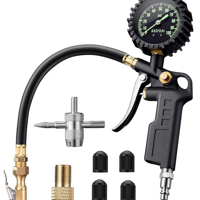 AstroAI Tire Pressure Gauge with Inflator, 100 PSI-ANSI B40.1 Accurate, Large 2.5" Easy Read Glow Dial, Heavy Duty Air Chuck and Compressor Accessories with Rubber Hose and Quick Connect Coupler