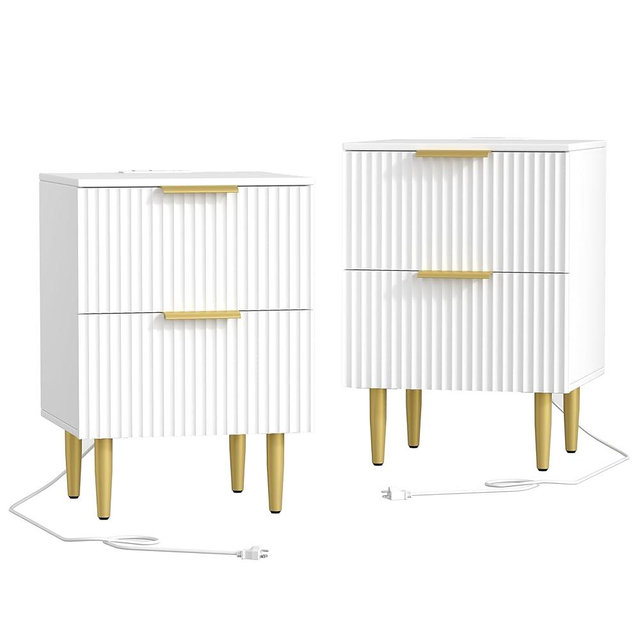 Akxomel White Nightstand Set of 2, Fluted Night Stand with Charging Station, 13.8" D x 15" W x 23.2" H, 2 Drawers Modern Bedside Table with USB Ports and Outlets, Golden Side Table for Bedroom