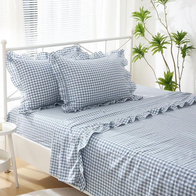 K MASANIJI Dust Blue White Plaid Ruffle Sheets King Size 4-Piece Set, 300TC 100% Yarn Dyed Cotton Sheets 18 in Deep Pocket Classic Gingham Decorative Bedding (Dust Blue/White Plaid, King)