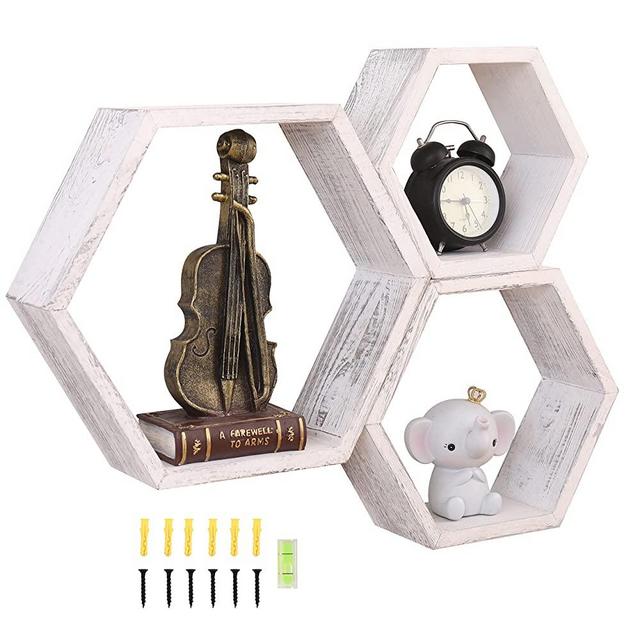 WONFUlity Hexagon Floating Shelves Wall Mounted Wood Farmhouse Storage Honeycomb Wall Shelf, Hexagonal Wall Shelves for Bedroom, Living Room, Office, Bathroom, 3pc, Driftwood Finish, White