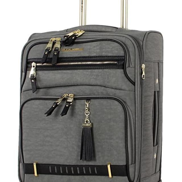 Steve Madden Designer Luggage Collection - Lightweight Softside Expandable Suitcase for Men & Women - Durable 20 Inch Carry On Bag with 4-Rolling Spinner Wheels (Peek-A-Boo Grey)