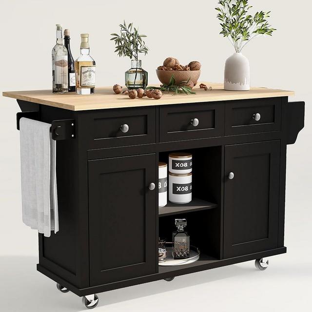 LUMISOL Kitchen Island on 5 Wheels with Open Shelves, 3 Drawers and Storage Cabinet, Kitchen Island Cart with Rubber Wood Drop-Leaf, Black