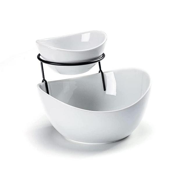 UNICASA Serving Bowls Set, 2 Tier Chip and Dip Bowls with Metal Rack Stand for Fruit, Salad, Candy - Ceramic Tiered Appetizer Serving Dishes for Parties, Kitchen