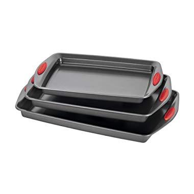 Rachael Ray 47423 Nonstick Bakeware Set with Grips, Nonstick Cookie Sheets / Baking Sheets - 3 Piece, Gray with Red Grips