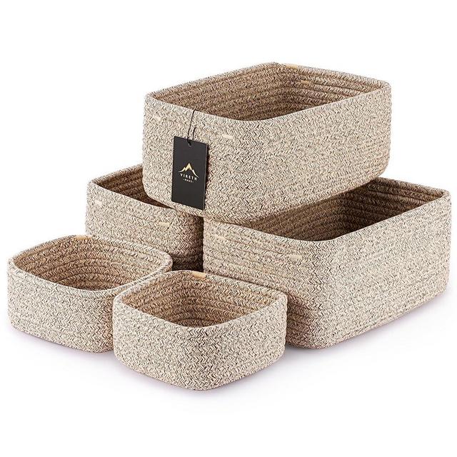 VIRETH HAUS 5-Pack Small Woven Rope Storage Baskets – 2 Sizes Organizer Bins for Closet, Shelf, Bookshelf, Nursery, Changing Table, Fabric Cube Boxes, Rectangular Shallow Bins for Bathroom, Toy & Home