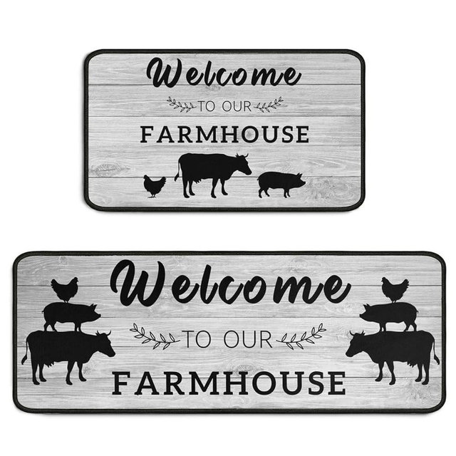 Protikol Farmhouse Style Kitchen Rugs Set 2 Pieces Non Skid Grey Kitchen Floor Rugs and Mats Kitchen Runner Rug Comfort Soft Standing Area Mat for Kitchen Floor Farmhouse Decor 17"x47"+17"x30"