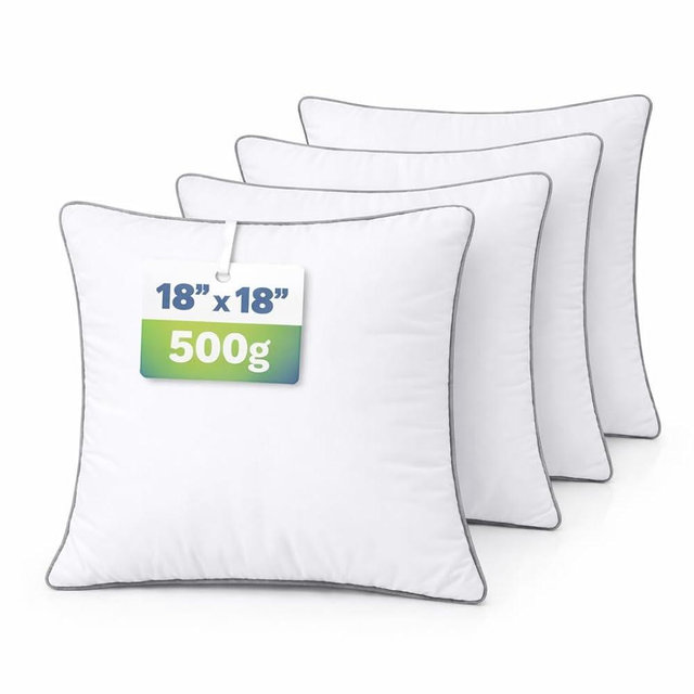 18x18 Throw Pillow Inserts Set of 4, 500g Extra Filled Decorative Pillow Inserts with Grey Piped Edge, Soft Fluffy Supportive Couch Sofa Bed Pillow Forms, Hypoallergenic Polyester Fiber, White