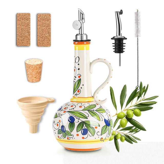 18 oz Ceramic Olive Oil Dispenser Bottle - Hand-Painted Italian Kitchen Decor Oil Cruet with 2 Spouts, Silicone Funnel, Cleaning Brush & Writable Labels - Ceramic Olive Oil Decanter for Kitchen