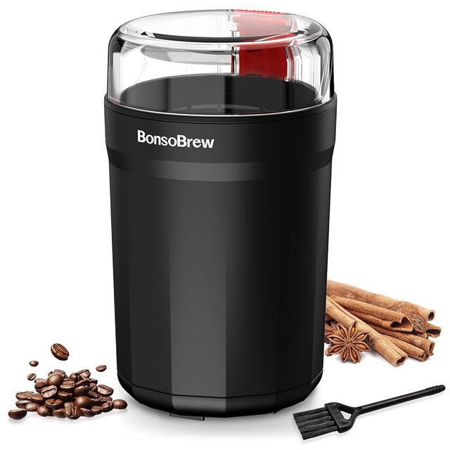 Electric Coffee Grinder, 180W Coffee and Spice Grinder for Coffee Beans, Herbs, Grains, Seeds - One Touch Safety Lid with Stainless Steel Blades - 2.5oz Capacity Includes Cleaning Brush