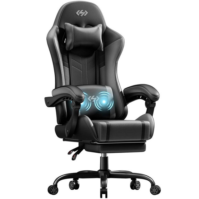HLDIRECT Gaming Chair, Ergonomic Video Game Seat with 360° Swivel & Lumbar Massage, Computer Chair PU Leather Cushion for Adults Home/Office Use (Black & Grey)