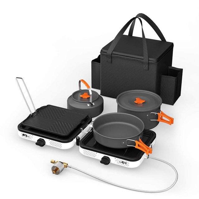 Hisencn Portable Camping Stove, 2 Burner Foldable Camp Stove, 20000 BTU Folding Gas Stove, Portable Propane Stove with Carry Bag, Adjustable Burners & Piezo Ignition, Includes Frying Pan, Kettle, Pot