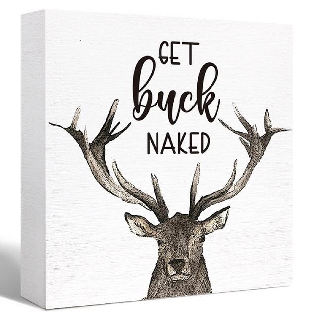 SJNH Funny Bathroom Wood Sign Get Buck Naked Funny Elk Wood Block Sign for Bathroom Shelf Toilet Restroom Home Tabletop Desk Decor,Farmhouse Bathroom Wooden Box Sign