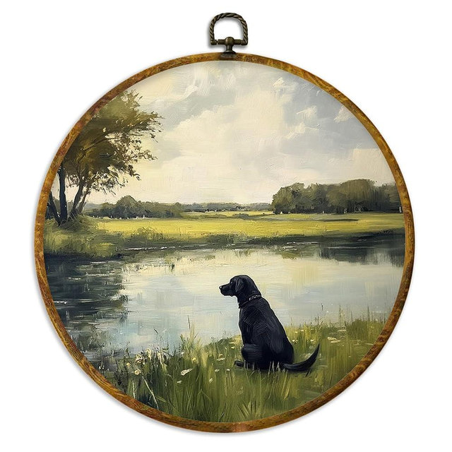 XPH Vintage Rustic Black Labrador Retriever Round Wall Art Framed, Country Landscape Dog Circle Wall Decor, Black Lab Gifts Hanging Canvas Prints for Home Bedroom Living Room Decoration, 10x10 Inch