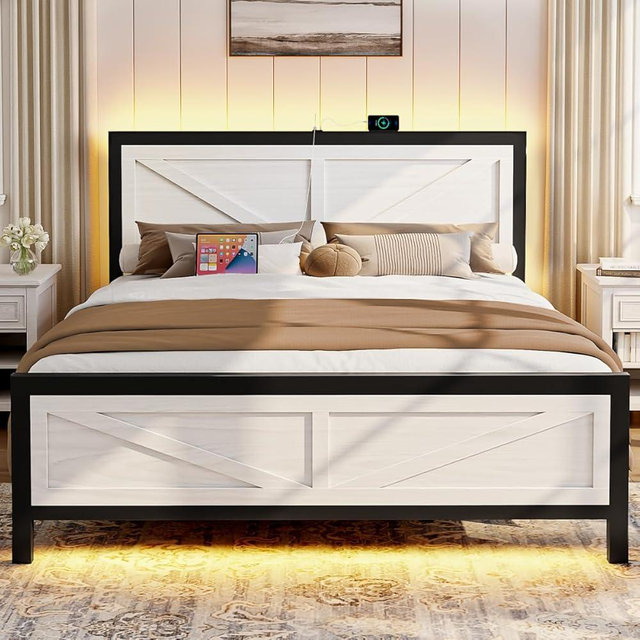 Siihnon Rustic Bed Frame King Size with Barn Door Headboard, LED Bed Frame with Charging Station, Industrial Platform Metal Bed Frames, No Box Spring Needed, Easy Assembly, White