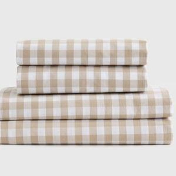 Organic Percale Gingham Sheet Set in Café