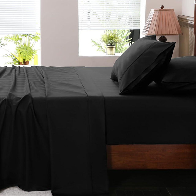 Overket Extra Deep Pocket King Sheets 18-24 Inch 100% Egyptian Cotton 1000 Thread Count Sateen Weave Soft Breathable 4 Pieces（King，Black）