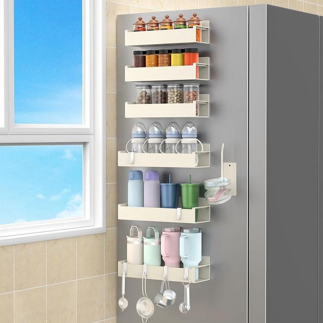 HuggieGems Magnetic Water Bottle Holder for Refrigerator, Cup Holder Organizer for Stanley and Tumbler for Kitchen, 6 Pack, Cream White