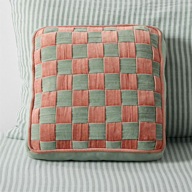 Checkerboard Verte Green and Copper Brown Velvet Kids Throw Pillow