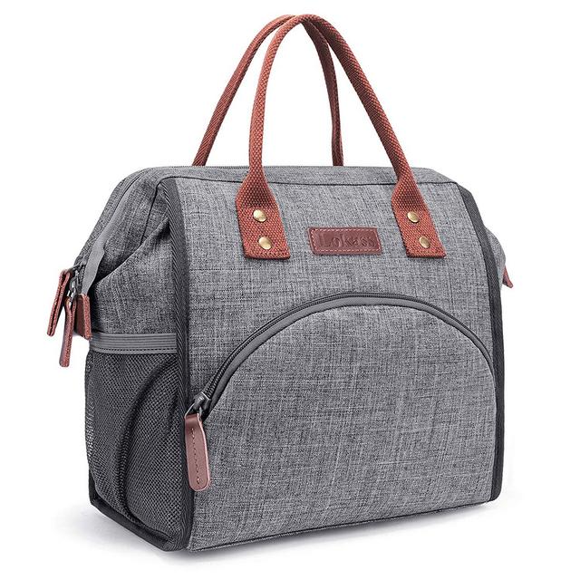 LOKASS Lunch Bag Insulated Lunch Box Wide-Open Lunch Tote Bag Large Drinks Holder Durable Nylon Thermal Snacks Organizer for Women Men Boys Girls Adults College Work Picnic Hiking Beach Fishing,Grey