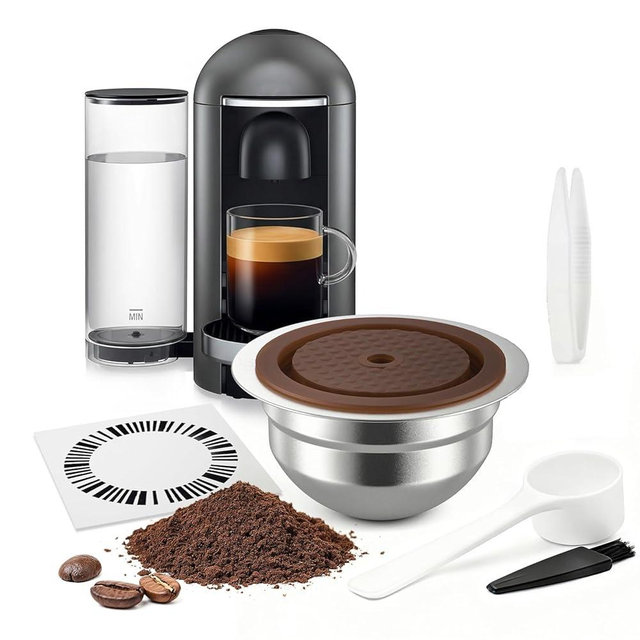 RTXANFYZ Stainless Steel Reusable Coffee Pods for Nespr*sso V-rtuo - Refillable Capsules Compatible with V-rtuoline GCA1 and ENV135 NEXT POP Series With 4 Barcode Stickers,Silicone Lid (150ML)