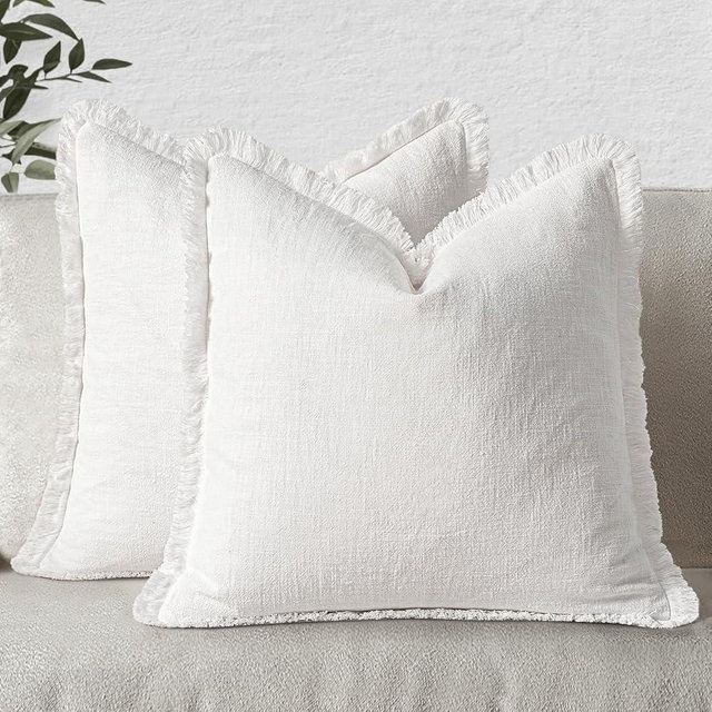 MIULEE Christmas Decorative Throw Pillow Covers Neutral Linen Fringe Throw Pillows Set of 2 White Boho Farmhouse Cushion Covers with Tassels for Couch Sofa Bed Living Room Home Decor 20x20 Inch