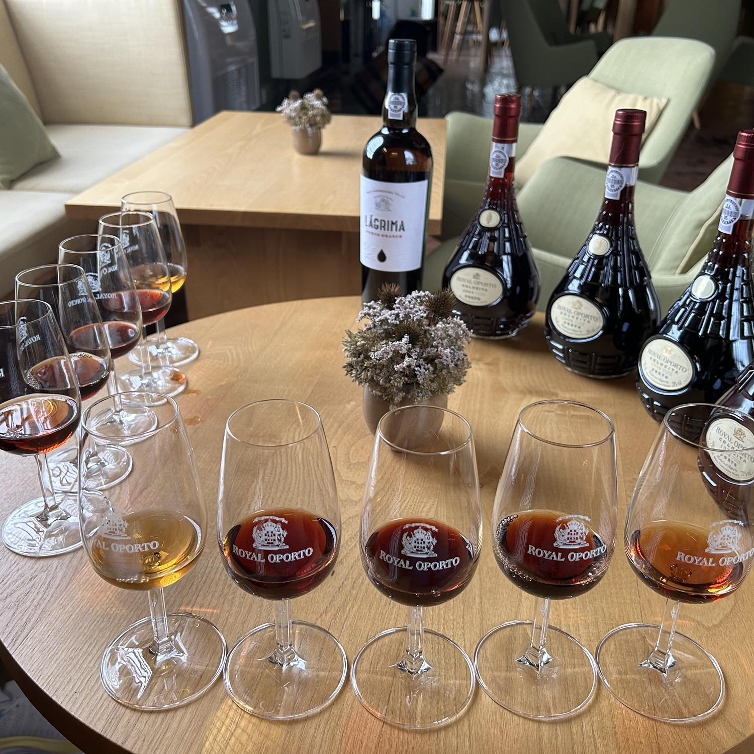 Our port wine flight at Real Companhia Velha, ranging from a white port to ruby ports to the tawny port. The oldest port on the right is a tawny from the 1970's.