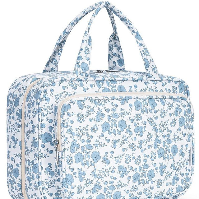 Narwey Travel Toiletry Bag for Women Large Hanging Makeup Bag Organizer Toiletries Bag for Full Size Essentials Accessories Cosmetics (Little Blue Flower (Large))