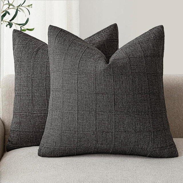 Foindtower Set of 2 Decorative Linen Check Throw Pillow Covers Neutral Farmhouse Vintage Cushion Covers Modern Boho Home Decor for Sofa Chair Couch Bedroom Living Room,20×20 Inch,Charcoal
