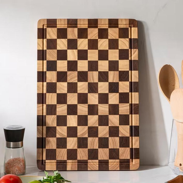 Checkered Cutting Board for Kitchen - Solid Wood End Grain Checkerboard Chopping Board with Handle & Juice Groove, Double Sided for Cooking, Serving and Decor, Rectangular 16" x 12" x 1"