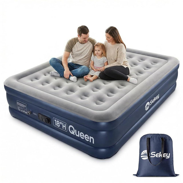 Sekey Queen Air Mattress with Built-in Pump, 18" Raised Inflatable Bed with Anti-Deflation Technology, Odorless & Puncture Resistant Blow Up Mattress for Home Guests & Travel, 660 lbs Capacity
