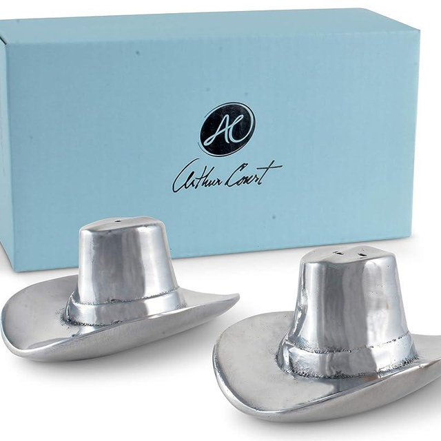 Arthur Court Aluminum Western Cowboy Hat Salt and Pepper Artisan Quality Hand Polished Set S/P Shaker 4 inch Tall