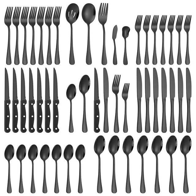 Lazycorner 53 Pcs Black Silverware Set with Steak Knives for 8 and 5 Pcs Serving Utensil Set,Mirror Polished Flatware Cutlery Set,Stainless Steel Fork Knife Spoon Set For Kitchen Hotel,Dishwasher Safe