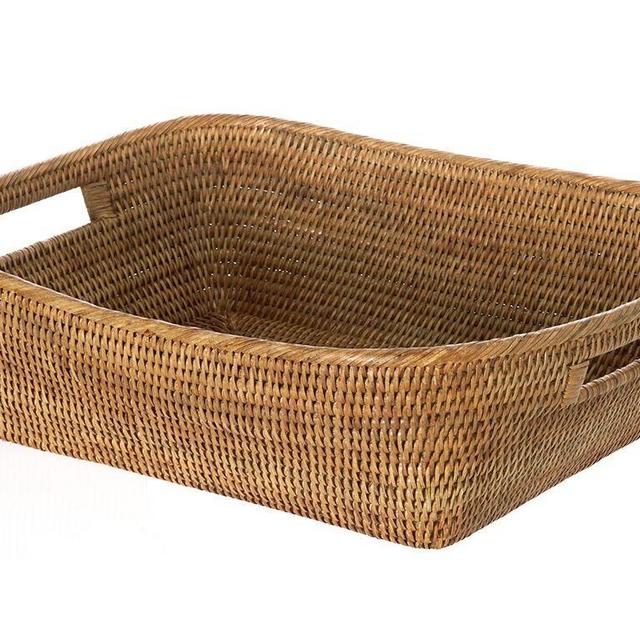 Kouboo La Jolla Rattan Round Waste Basket with Plastic Insert & Lid, Honey Brown