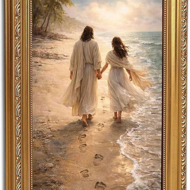 Vintage Gold Framed Footprints in the Sand Wall Art Jesus Holding Woman Wall Decor Jesus Walking on The Beach Picture Christian Canvas Prints Religious Painting for Living Room Bedroom Church