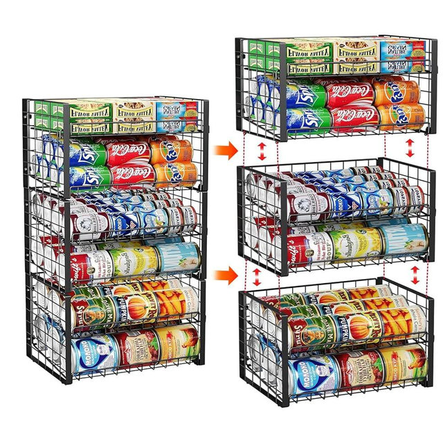 JKsmart 2-Tier Stackable Rack Organizer for Pantry, Adjustable Dispenser Holds Up to 90 Cans, Storage Holder for Various Ounces of Canned Drinks, Black, 3 Pack