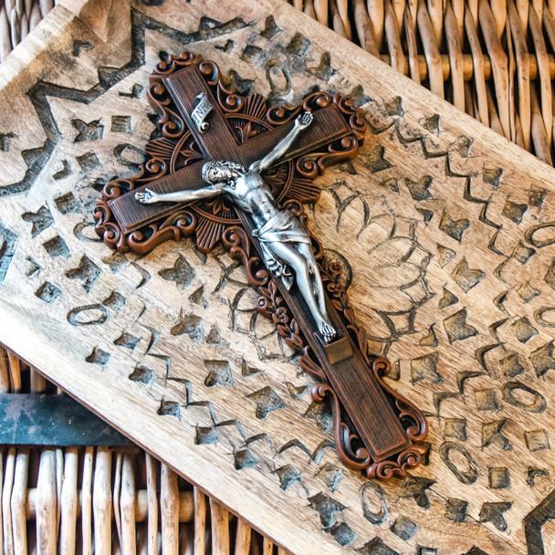 Ornate Wood Look Sunburst Crucifix